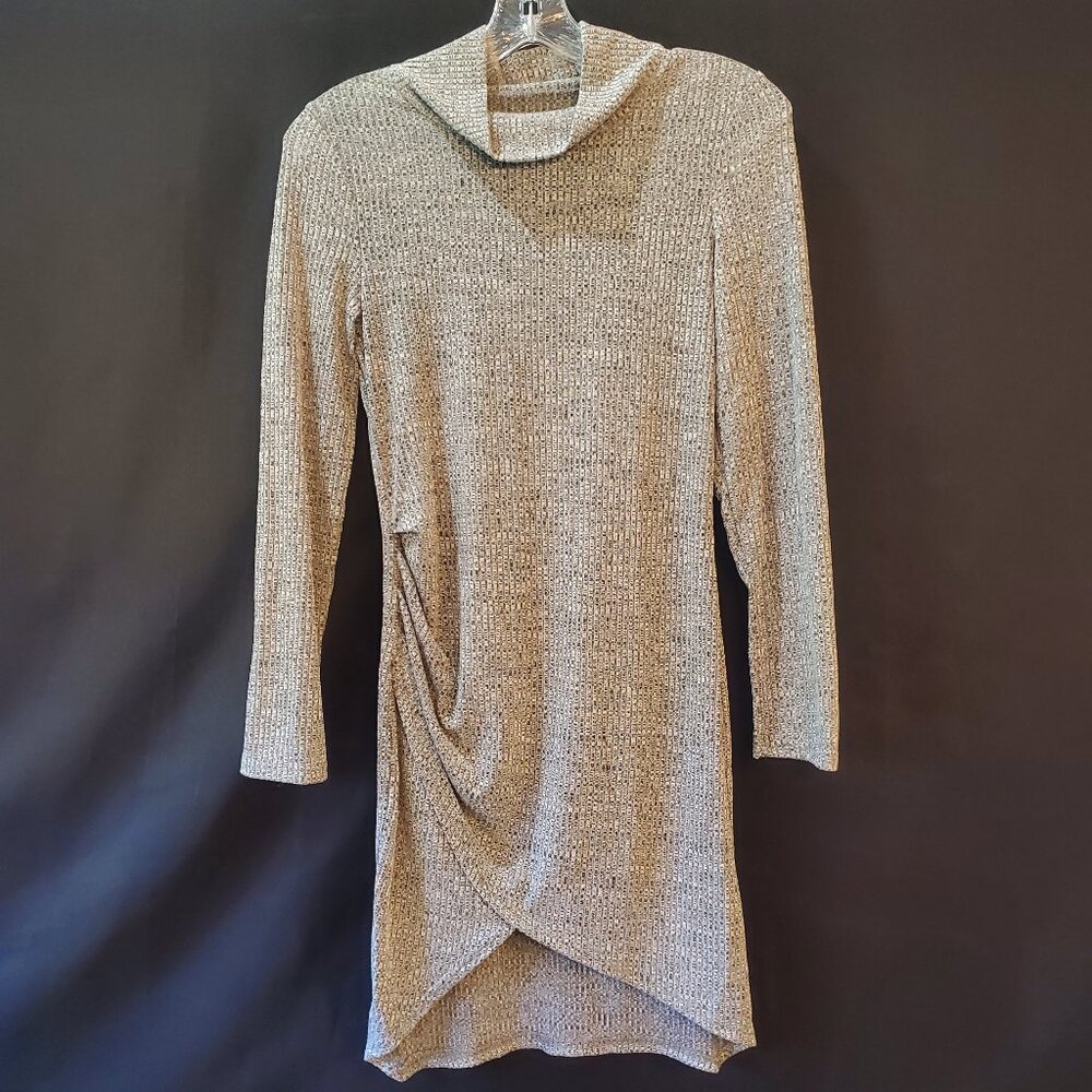 Vintage Y2K Marled Gray Knit Mini Dress Mock Turtleneck Ruching Curved Hem Sexy